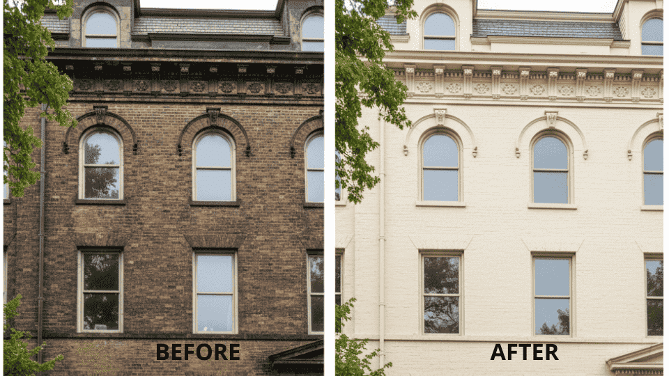 An old brick building is transformed with limewash, restoring its charm while preserving the texture and historic character