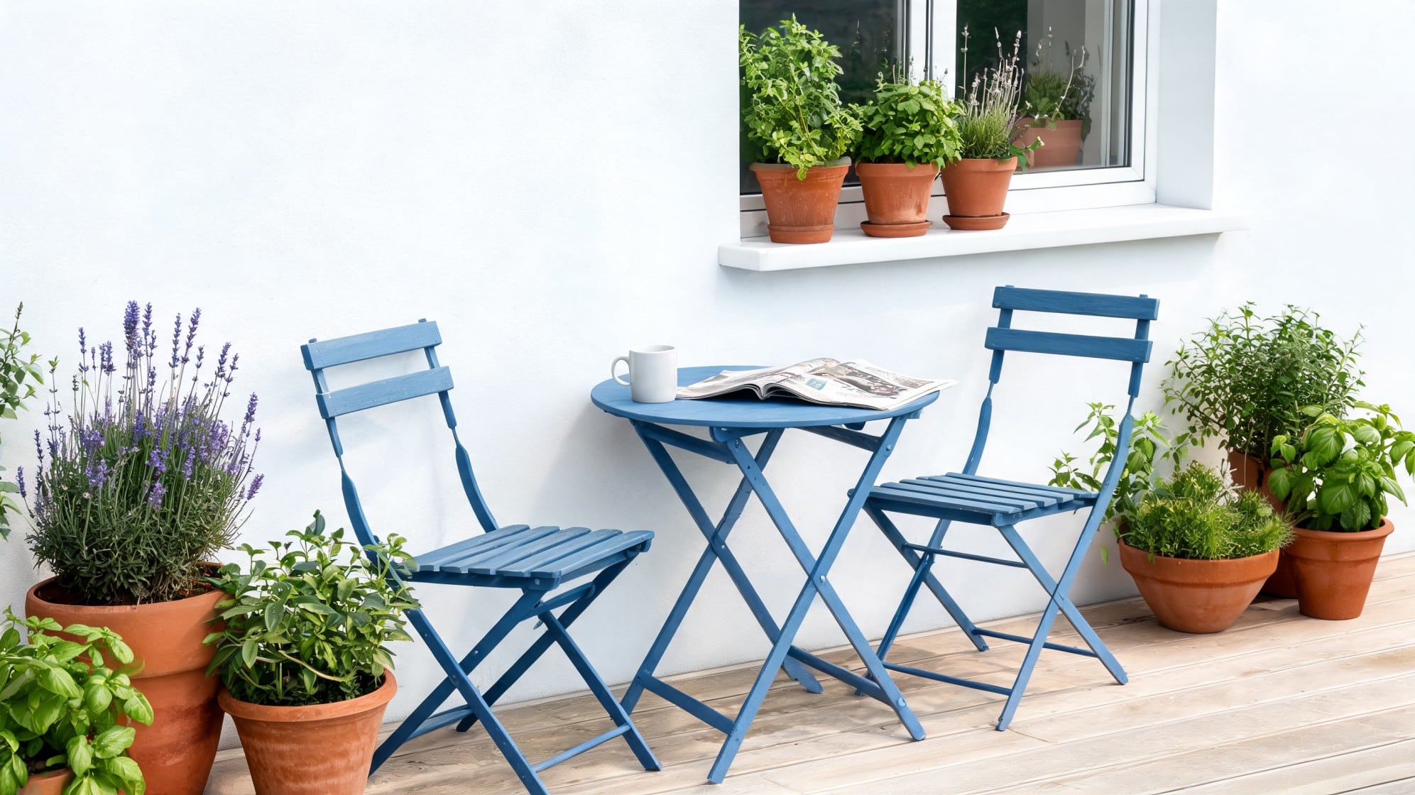 Blue bistro set with two folding chairs and round table on a wooden deck