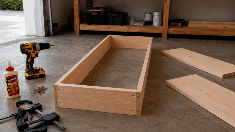 assembling the outer frame of a diy wooden bookshelf on a garage floor