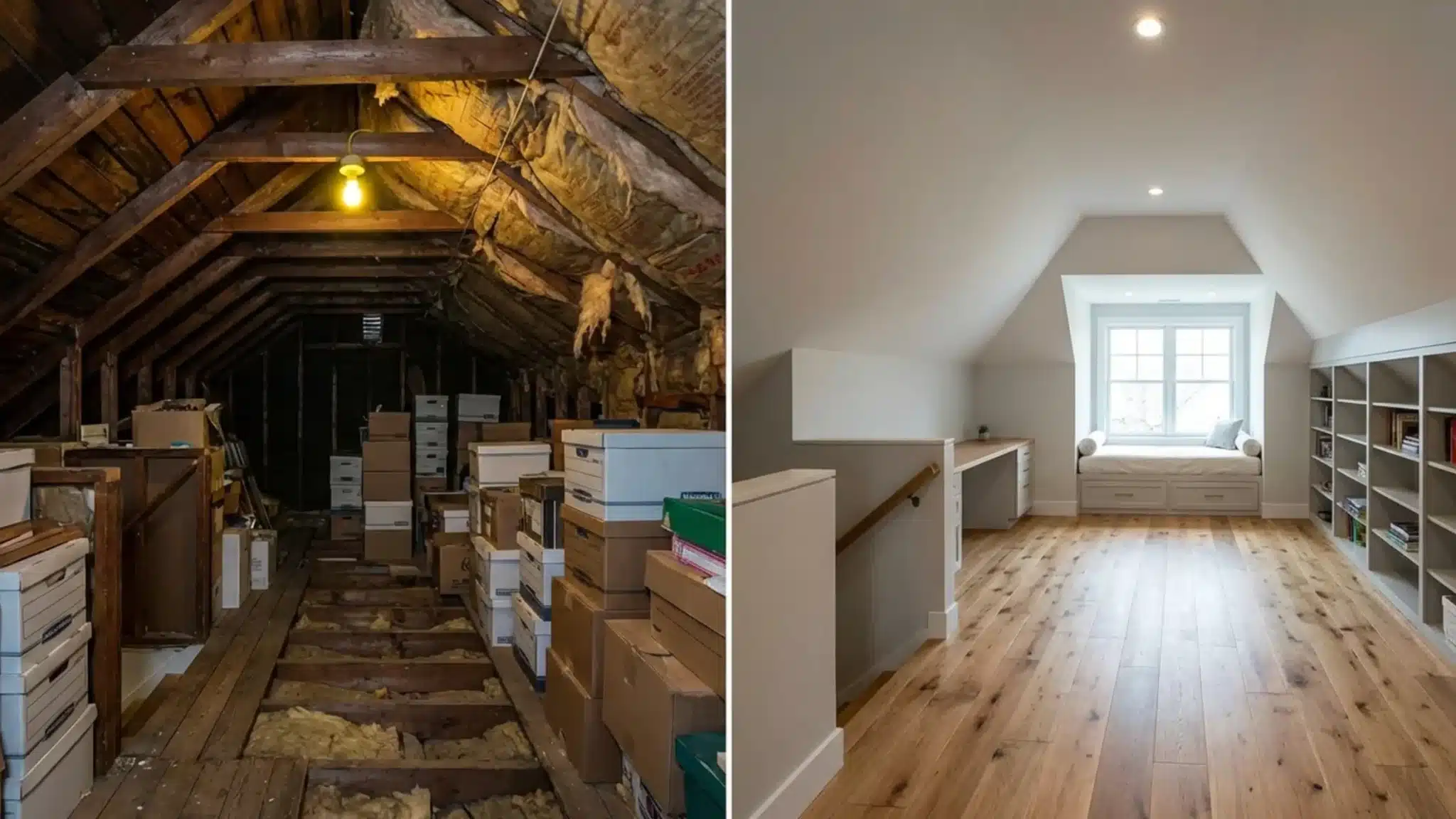 attic transformation, from cluttered storage space to a bright, organized room with a cozy window seat and bookshelves