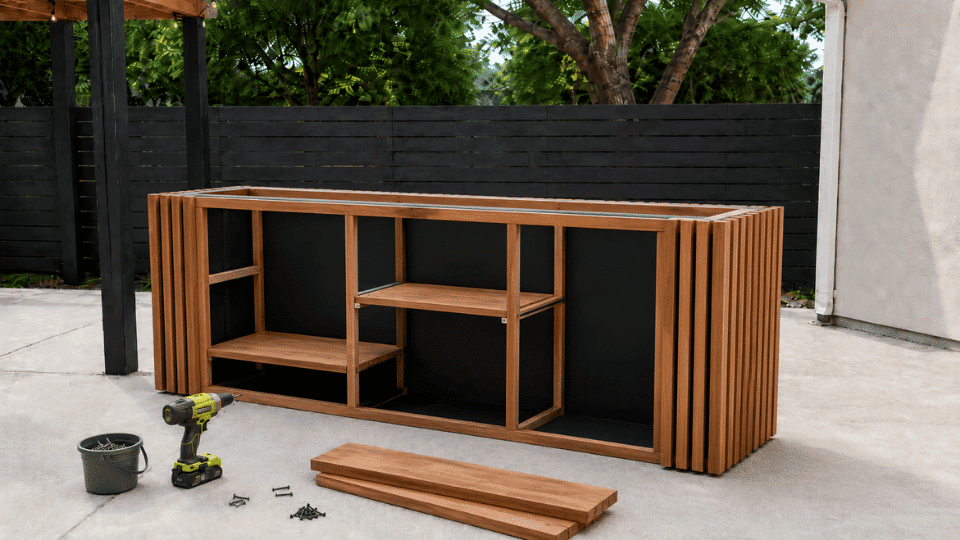 back shelves being added to slatted diy outdoor bar frame