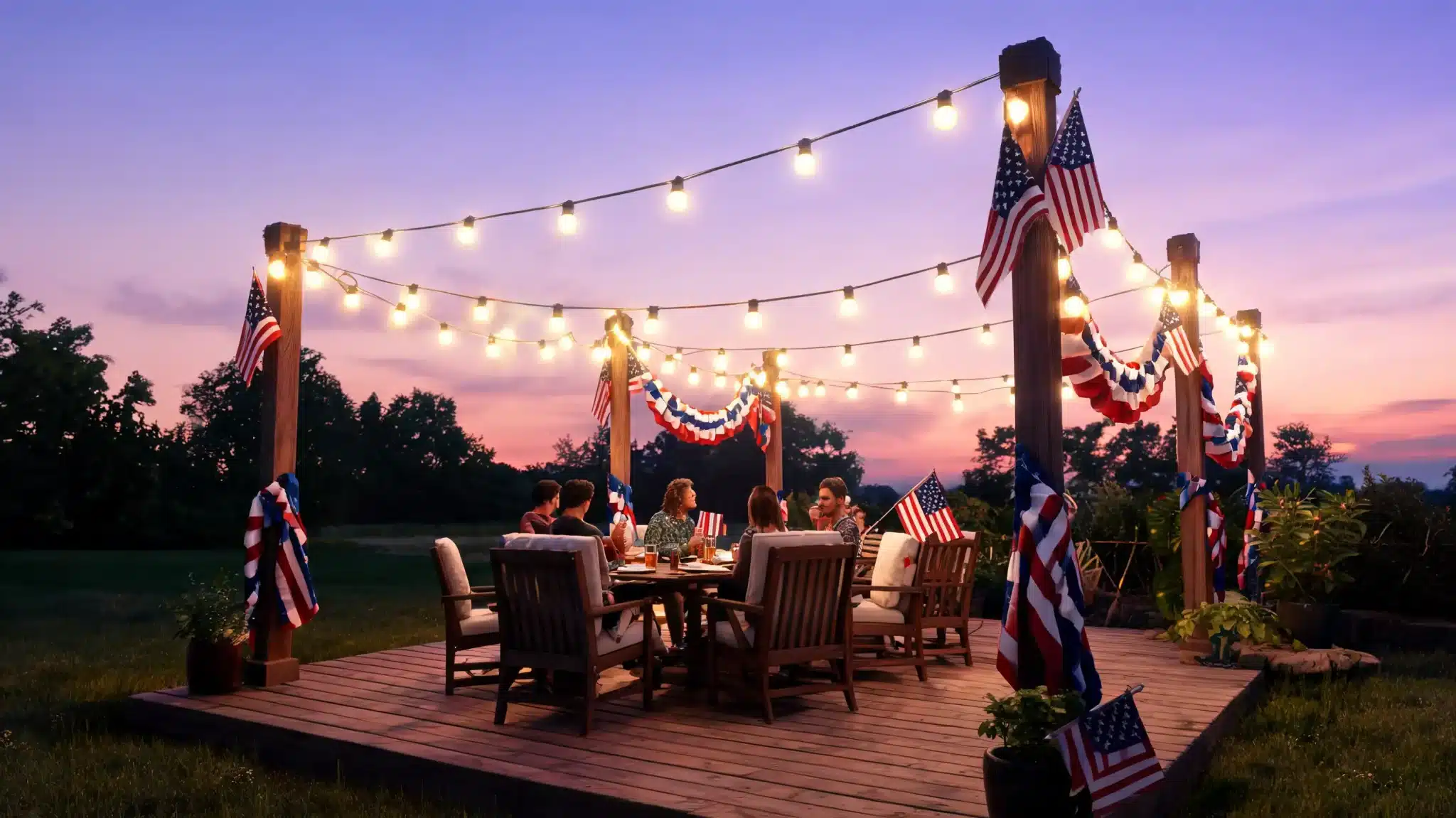 backyard with glowing string lights