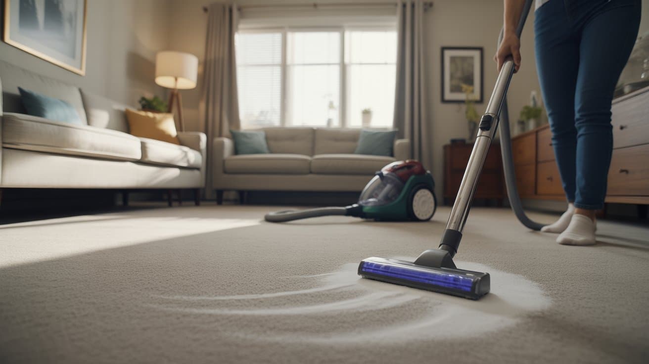 baking soda spread across carpet for natural deodorizing before vacuuming