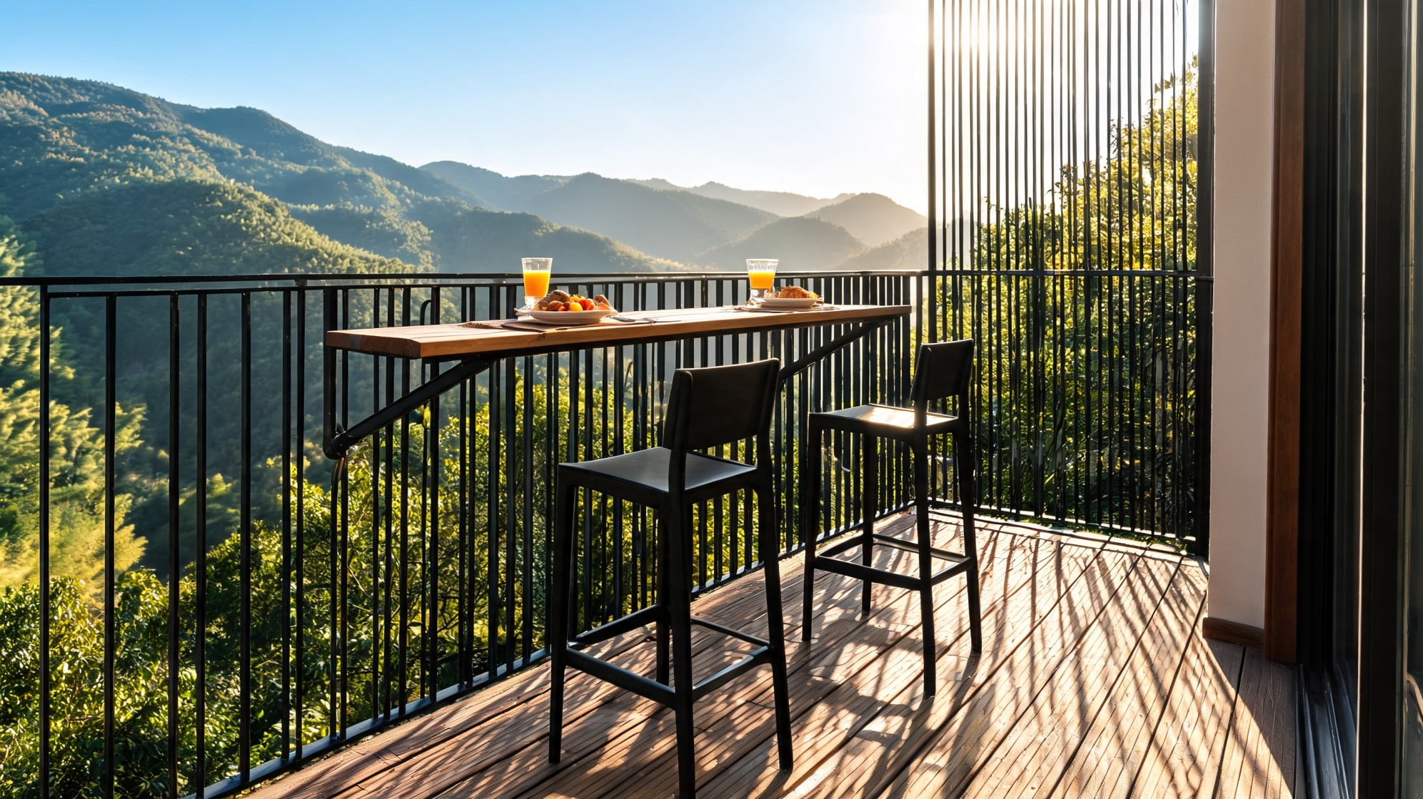 Railing bar table with two stools facing a mountain view