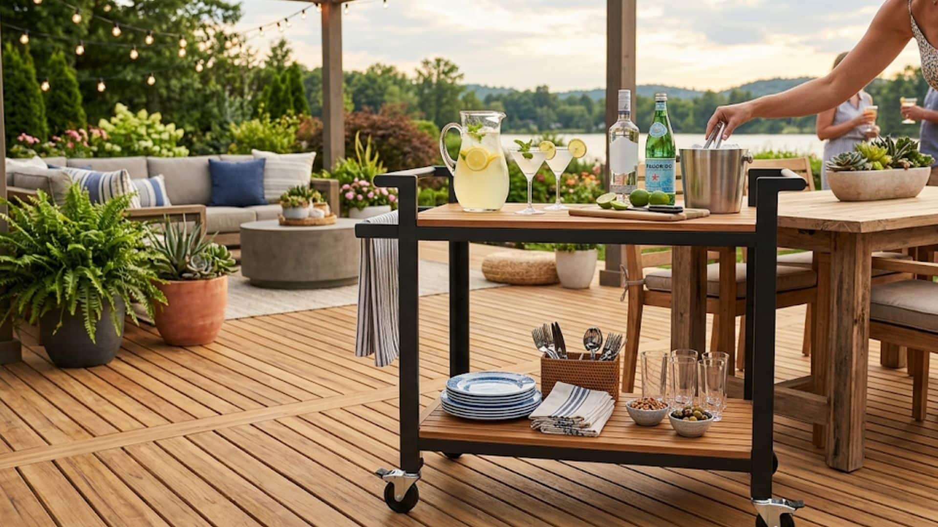 Powder-coated metal and wood bar cart on a deck