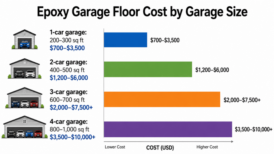 bar chart showing epoxy garage floor cost ranges for 1-car, 2-car, 3-car, and 4-car garages