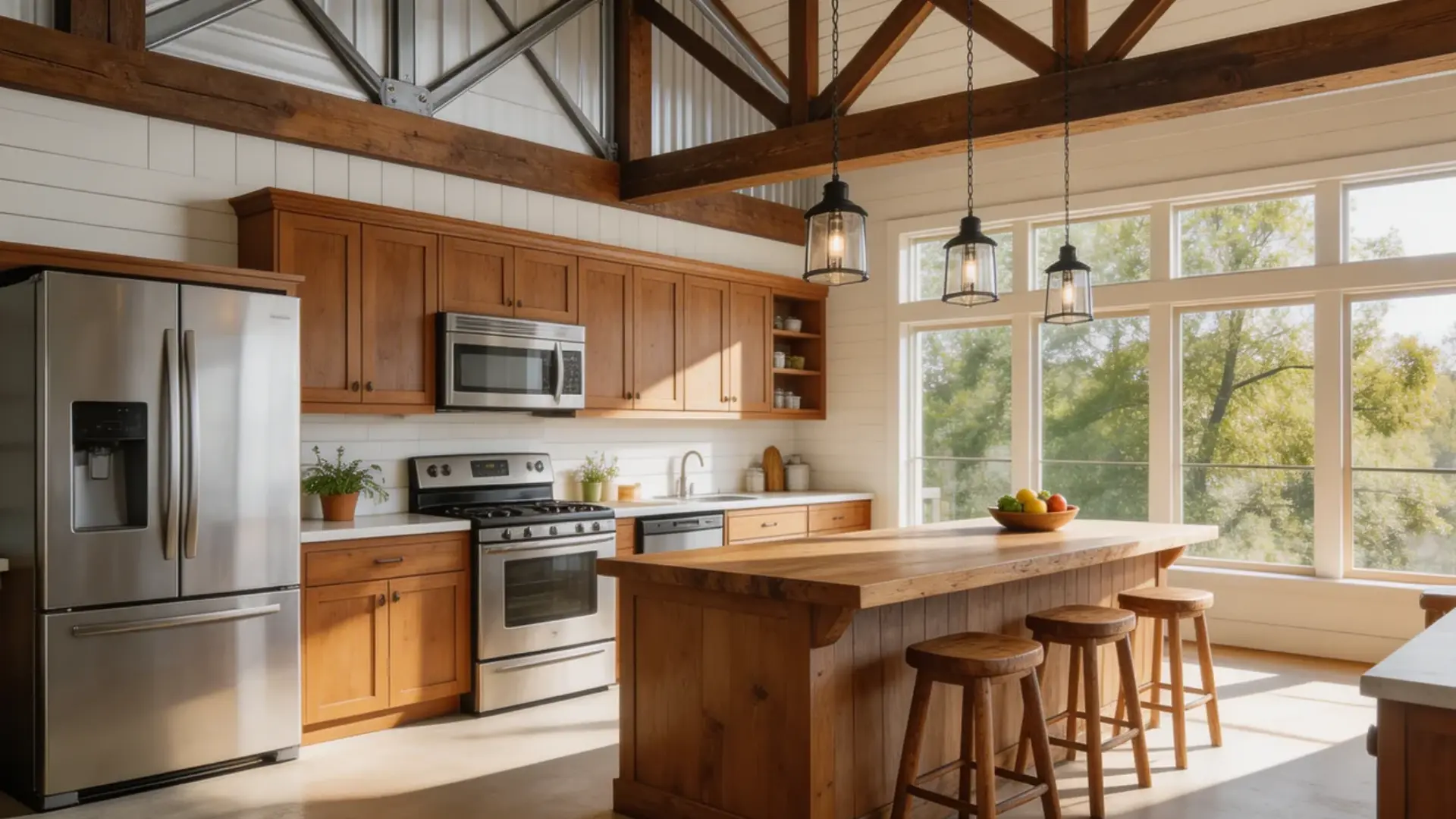 barndominium kitchen featuring stainless steel appliances the kitchen should have a mix of rustic wood accents