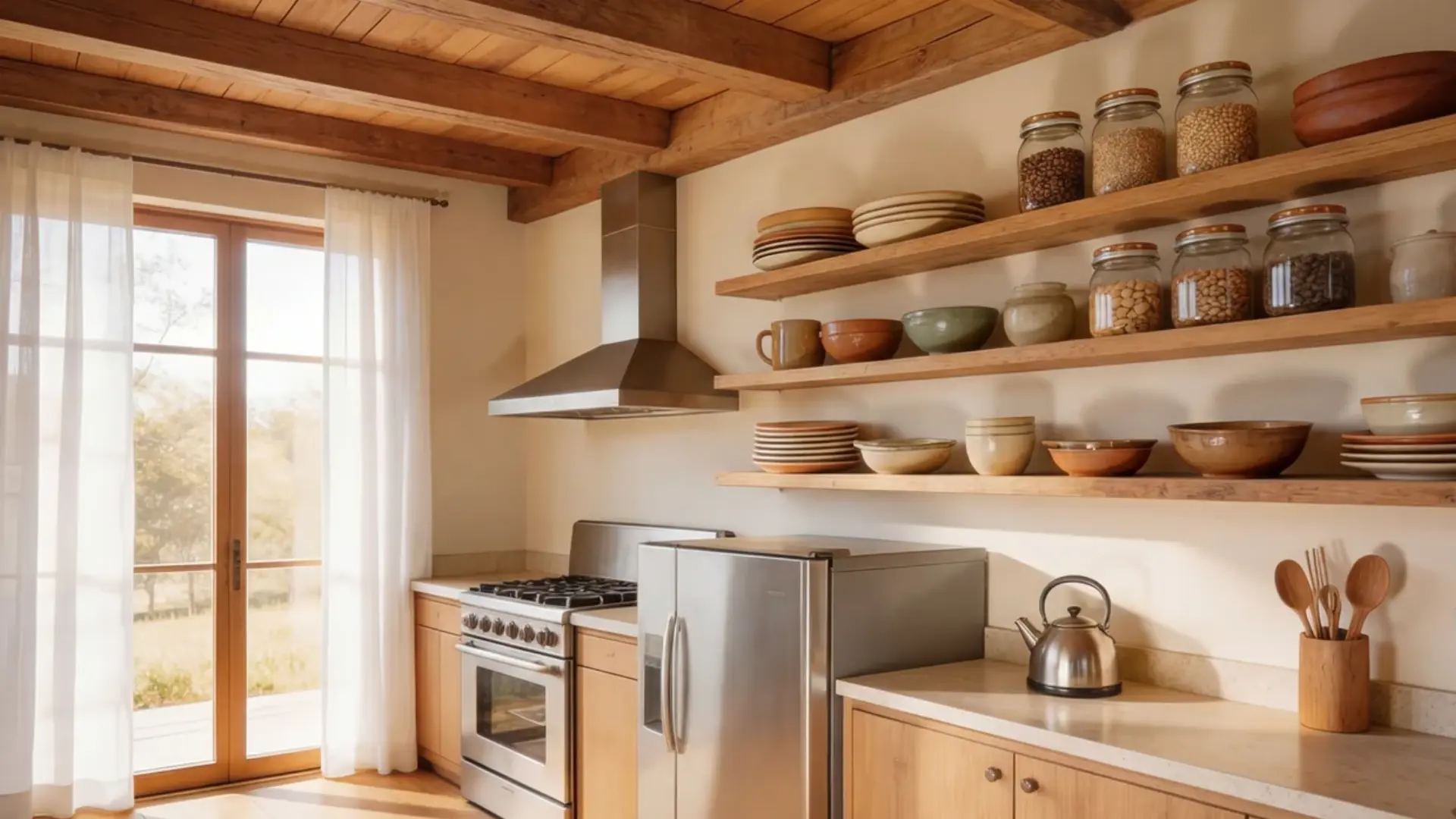 barndominium kitchen with open shelving displaying rustic kitchenware like bowls, jars, and plates