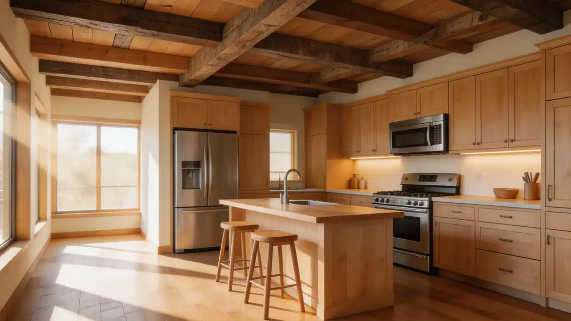 beams are rustic and unpolished, adding warmth to the space