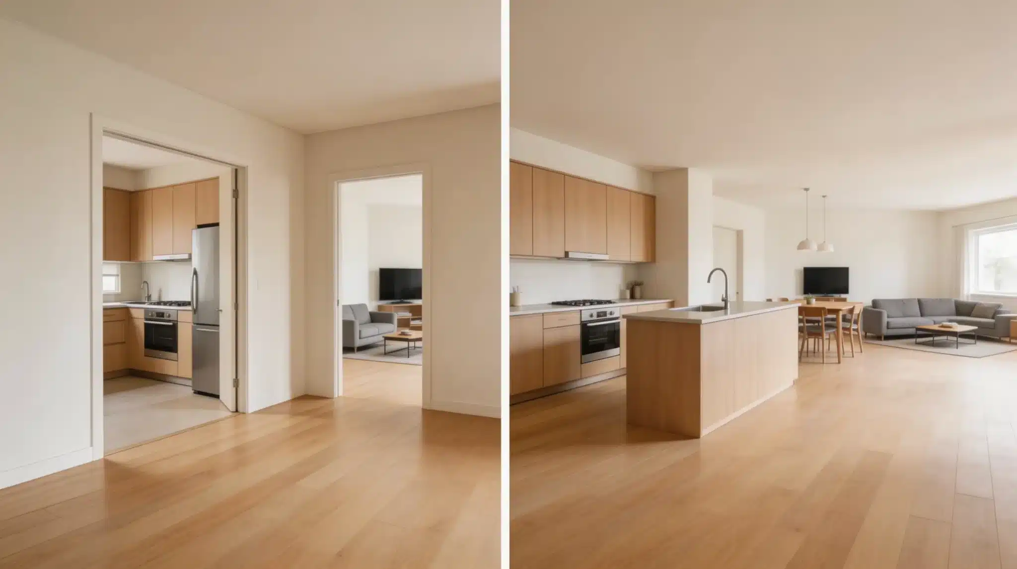 before and after comparison of a closed-wall layout turned into an open-plan kitchen and living space with wood flooring