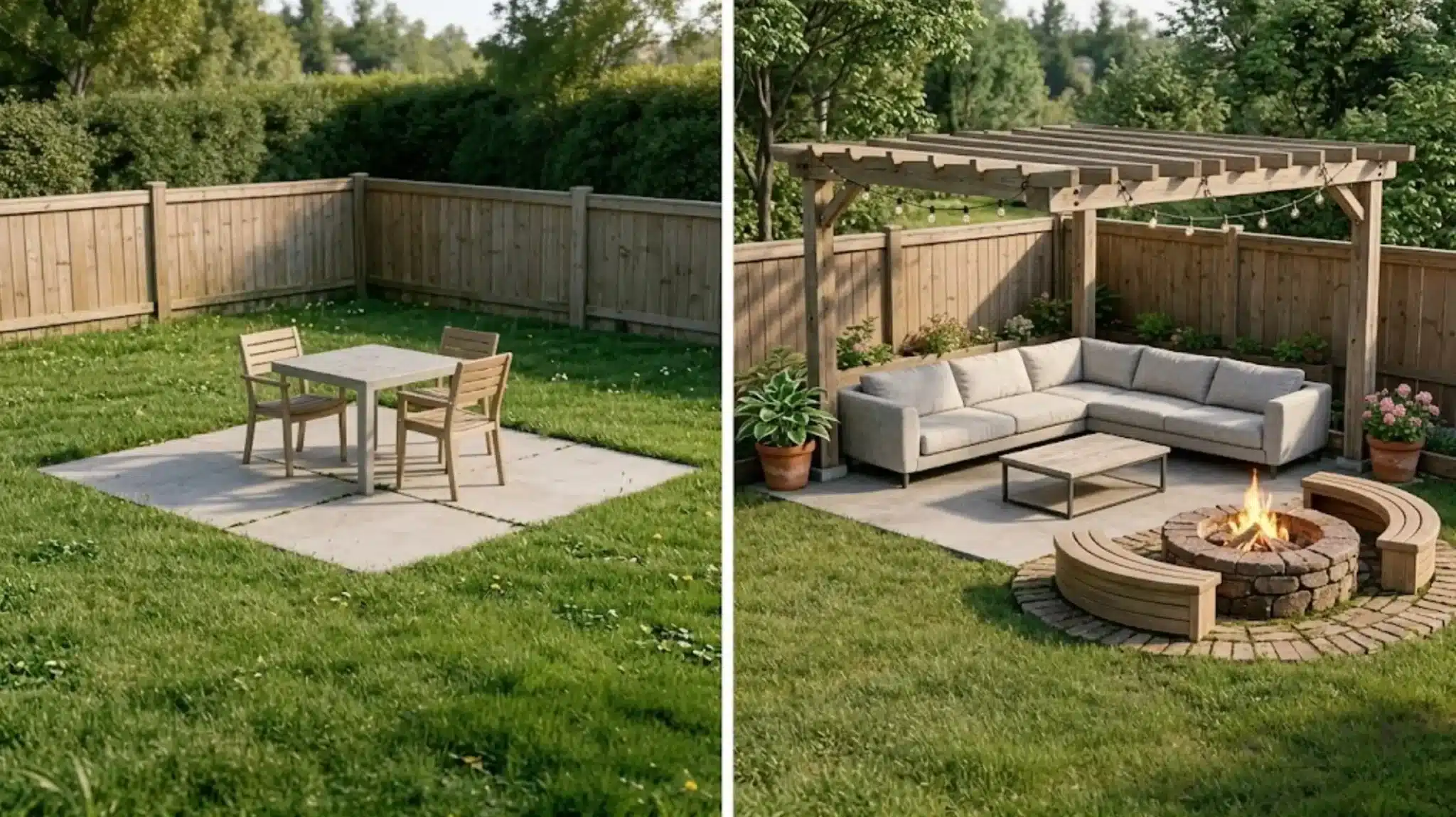 before and after comparison of a patio with two chairs upgraded to a outdoor space with pergola, sofa, and fire pit