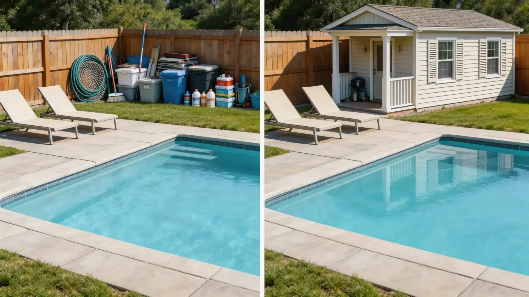before and after comparison of a poolside area with cluttered stuff replaced by a white pool house with lounge chairs