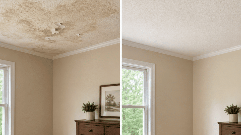 before and after comparison of a stained ceiling repaired and repainted in the same room corner