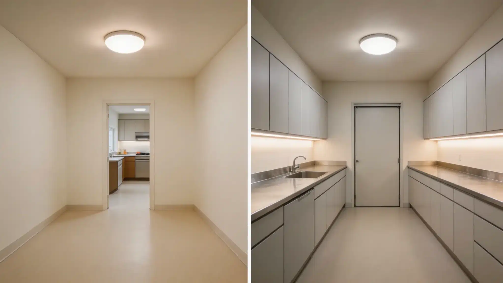 before and after comparison of an empty room converted into a kitchen with cabinets, steel countertops, and lighting