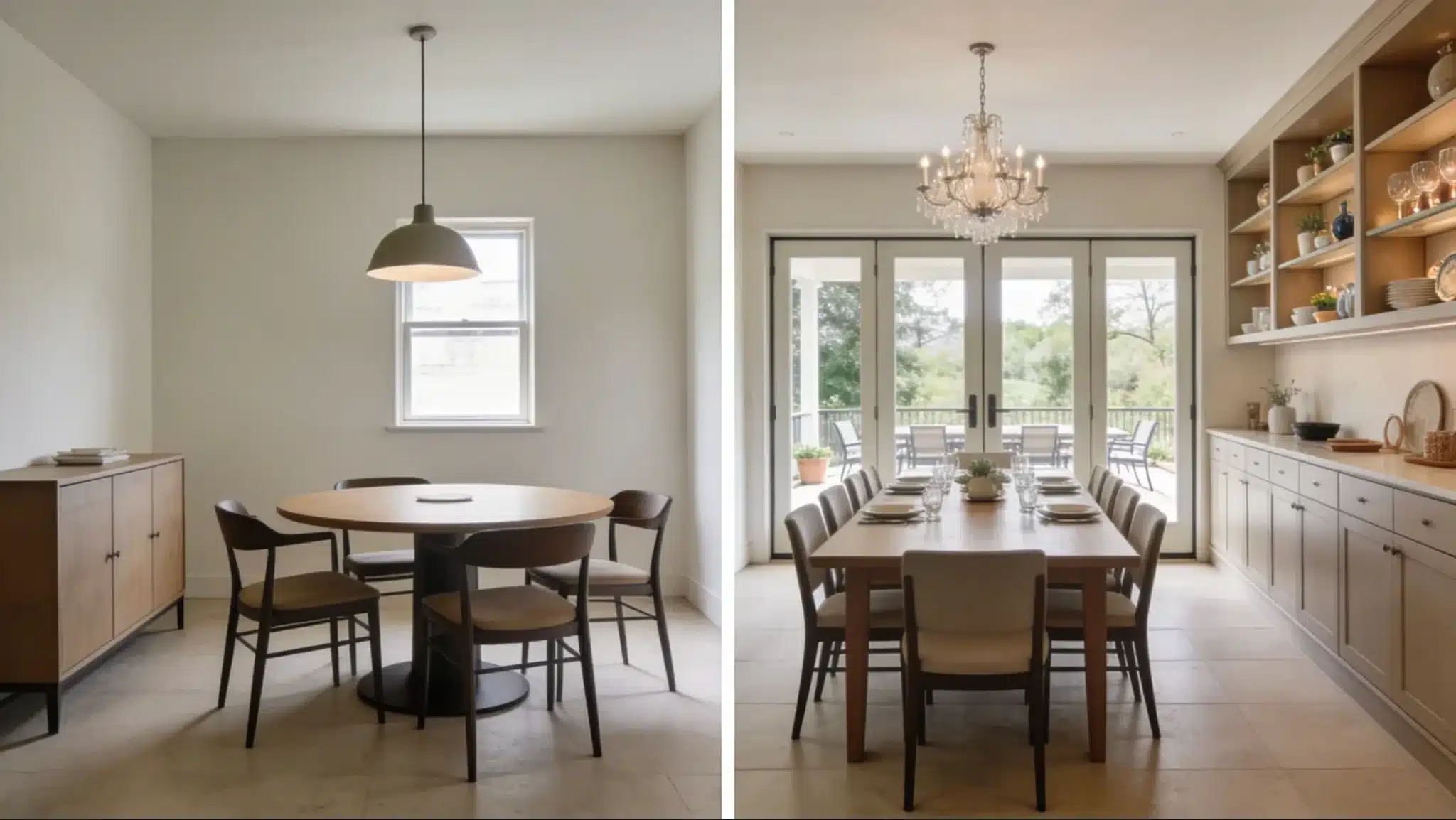 before and after dining room, showing a simple setup transformed into spacious dining area with chandelier and doors
