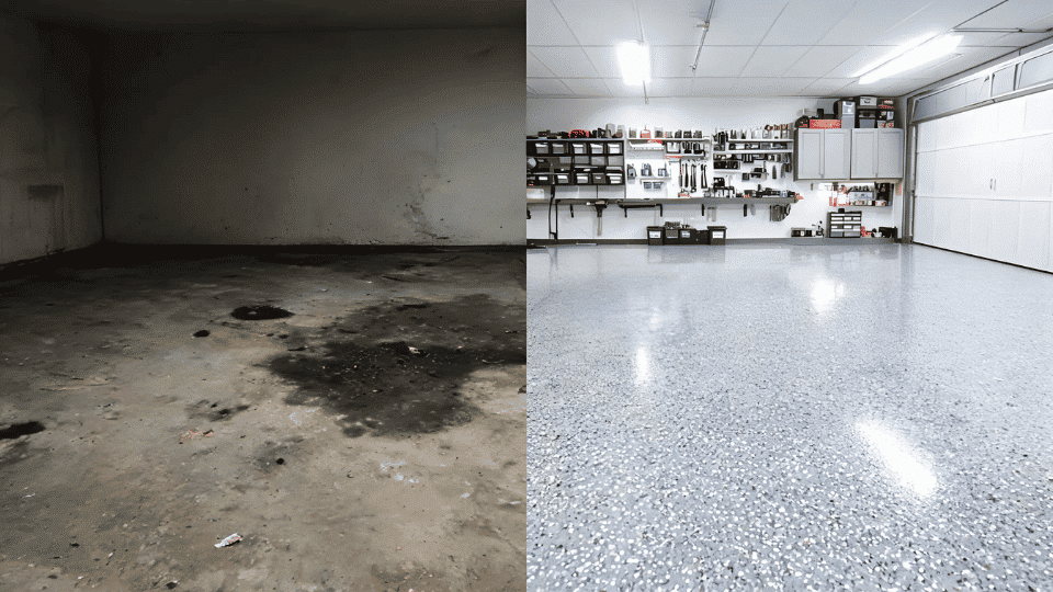 before and after epoxy garage floor showing stained concrete changed into a clean flake resin floor