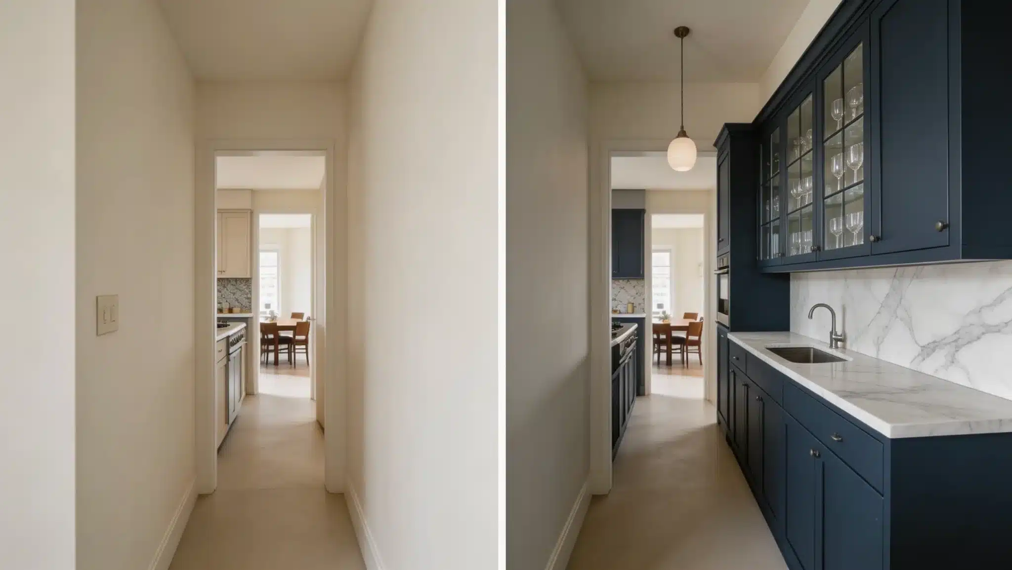 before and after hallway showing narrow corridor turned with built-in cabinets, glass storage, and modern lighting