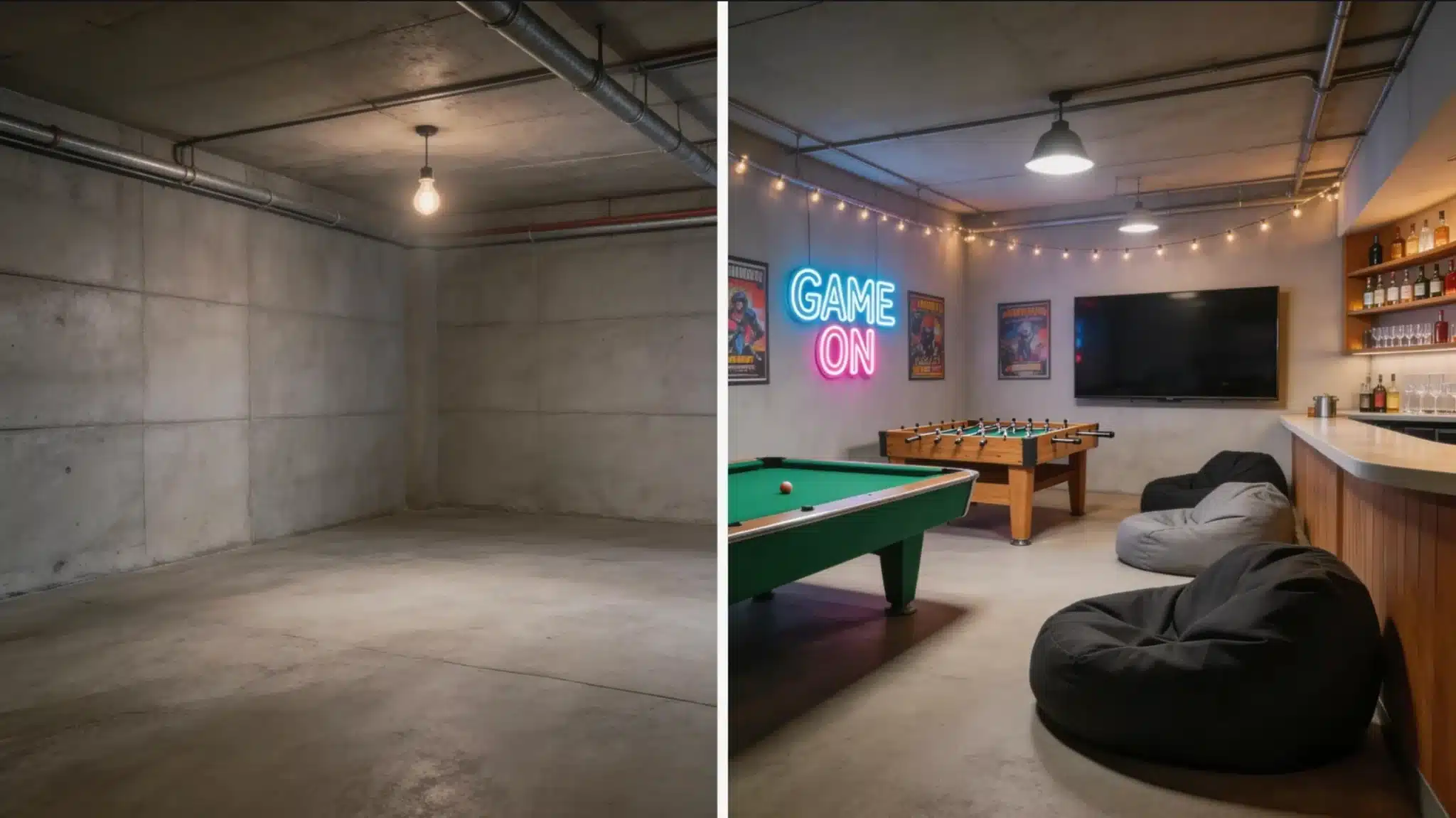 before and after of a concrete basement converted into a game room with pool table, foosball, neon sign, and bar area
