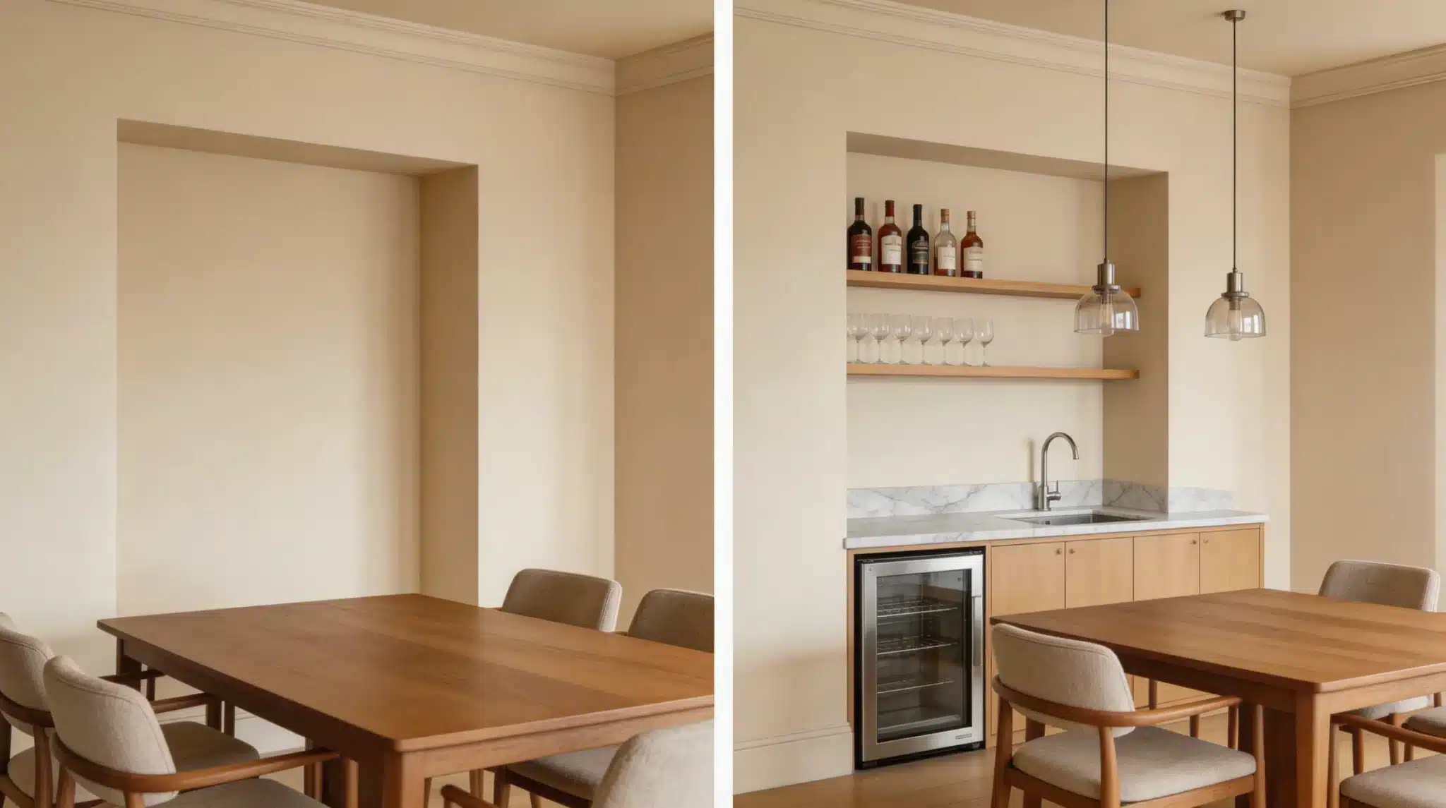before and after of a dining room turned into built-in bar with open shelving, wine fridge, and pendant lighting