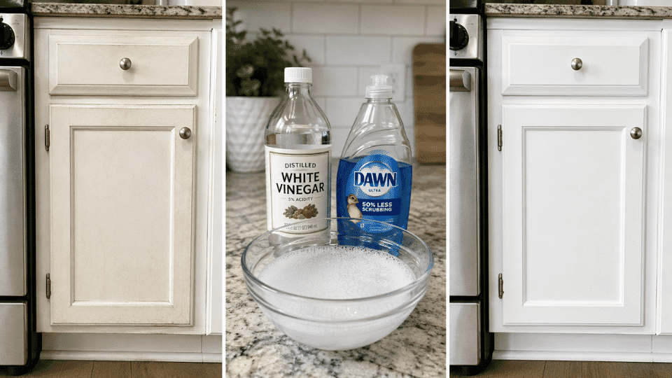 before and after of a then yellowing cabinet that was loosing its shine which is now white and bright after a treatment with vinegar and dishsoap mix