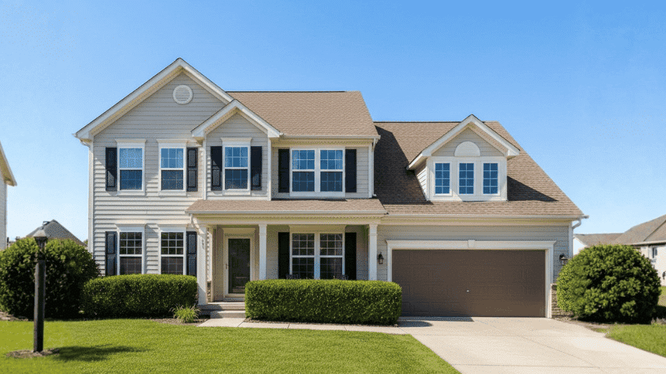 Beige siding with brown roof, black shutters, white trim, and brown garage door on a bright sunny day