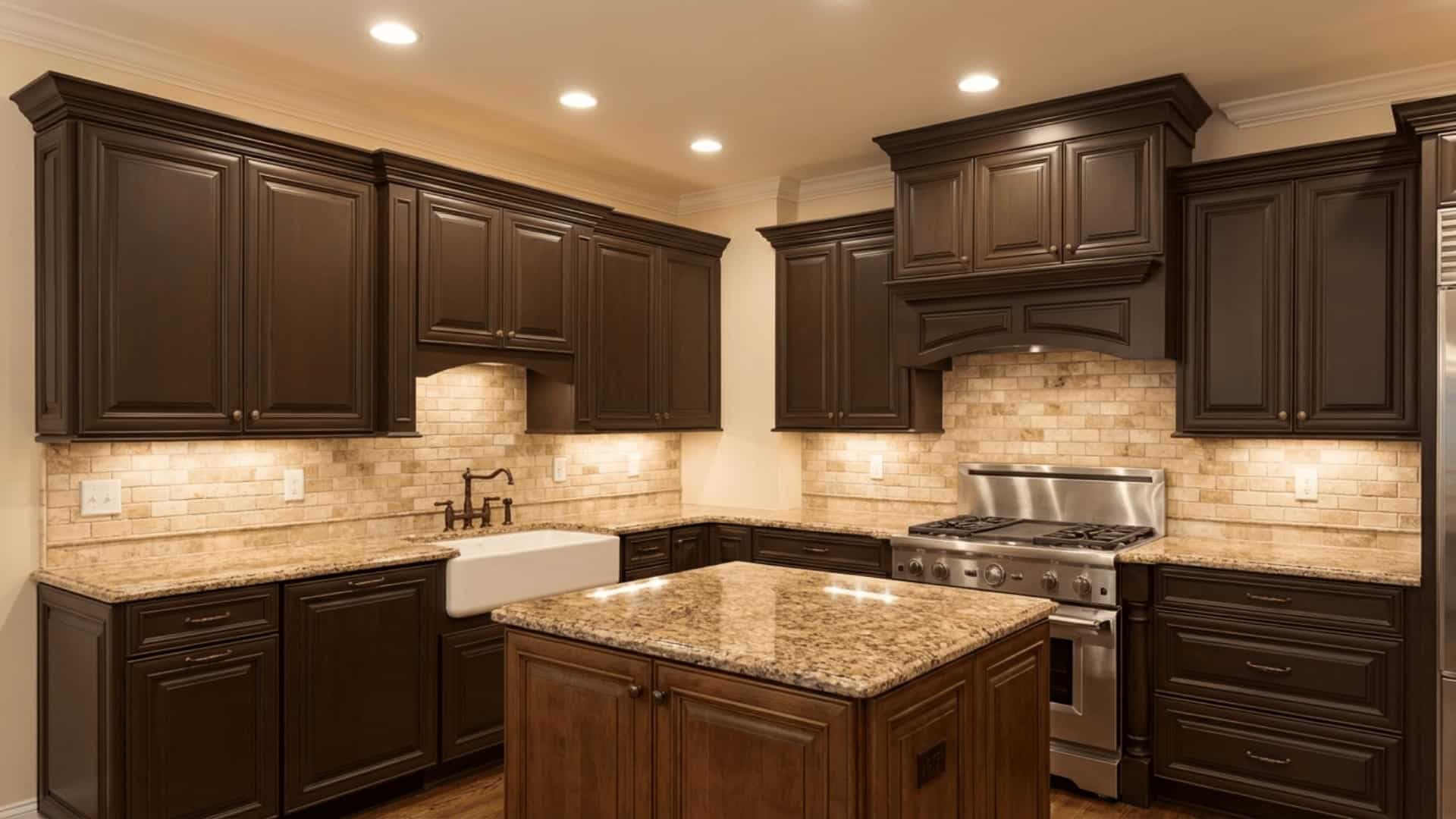 black bean bm 2107-10 deep chocolate brown cabinets with light brown granite in a traditional kitchen