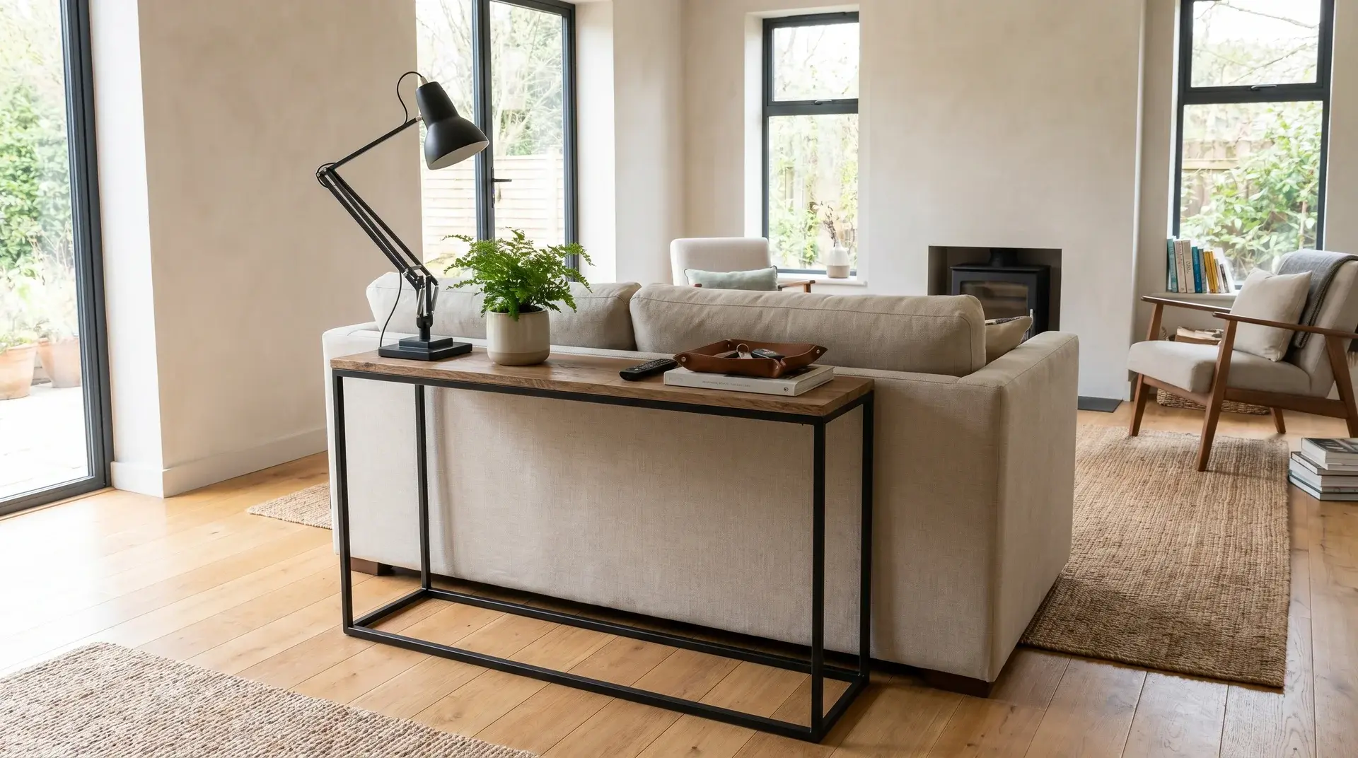 black metal sofa table behind couch with lamp plant and tray in clean modern living room (1)