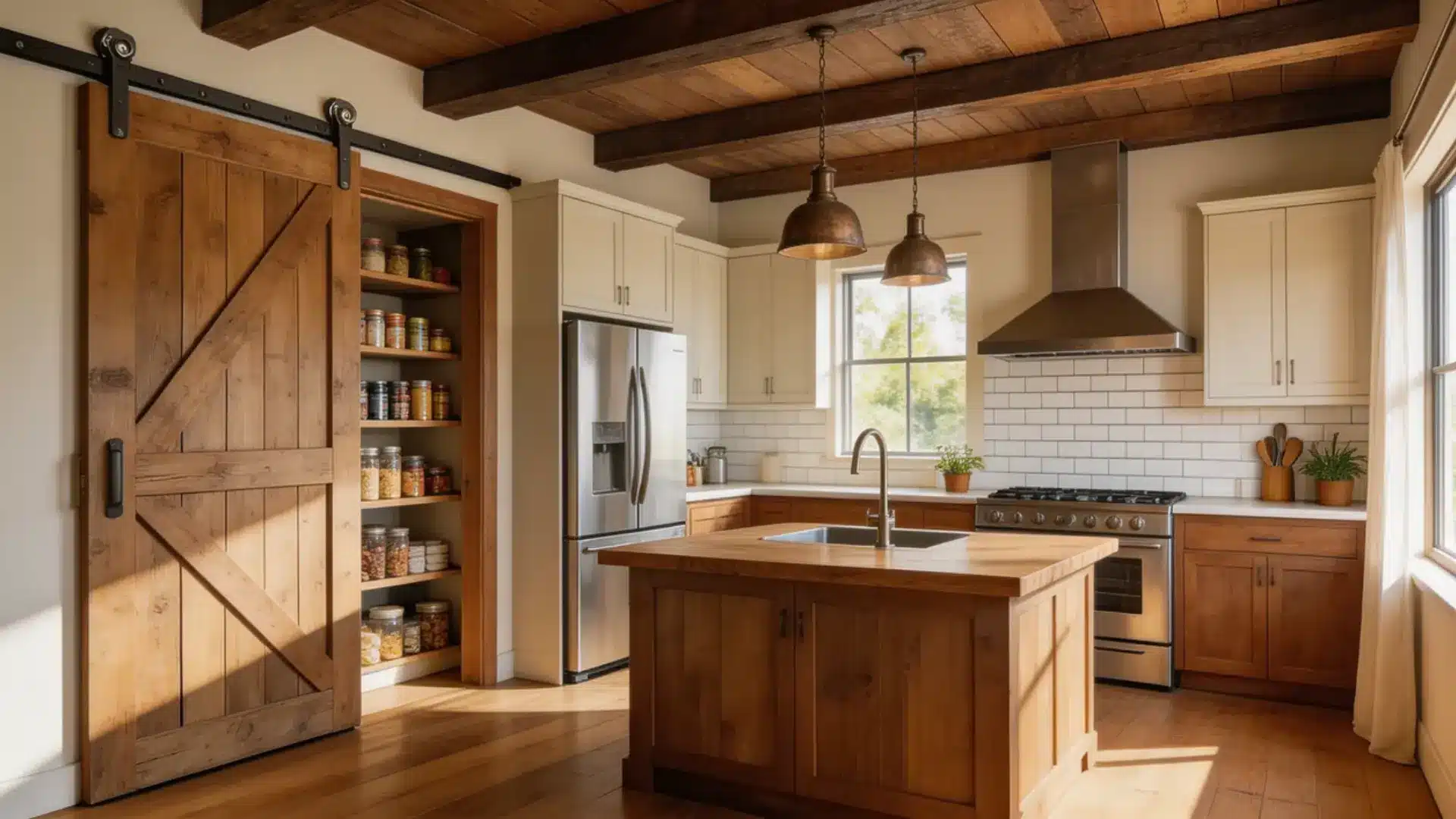 blend of modern and rustic features, with exposed beams and plenty of natural light