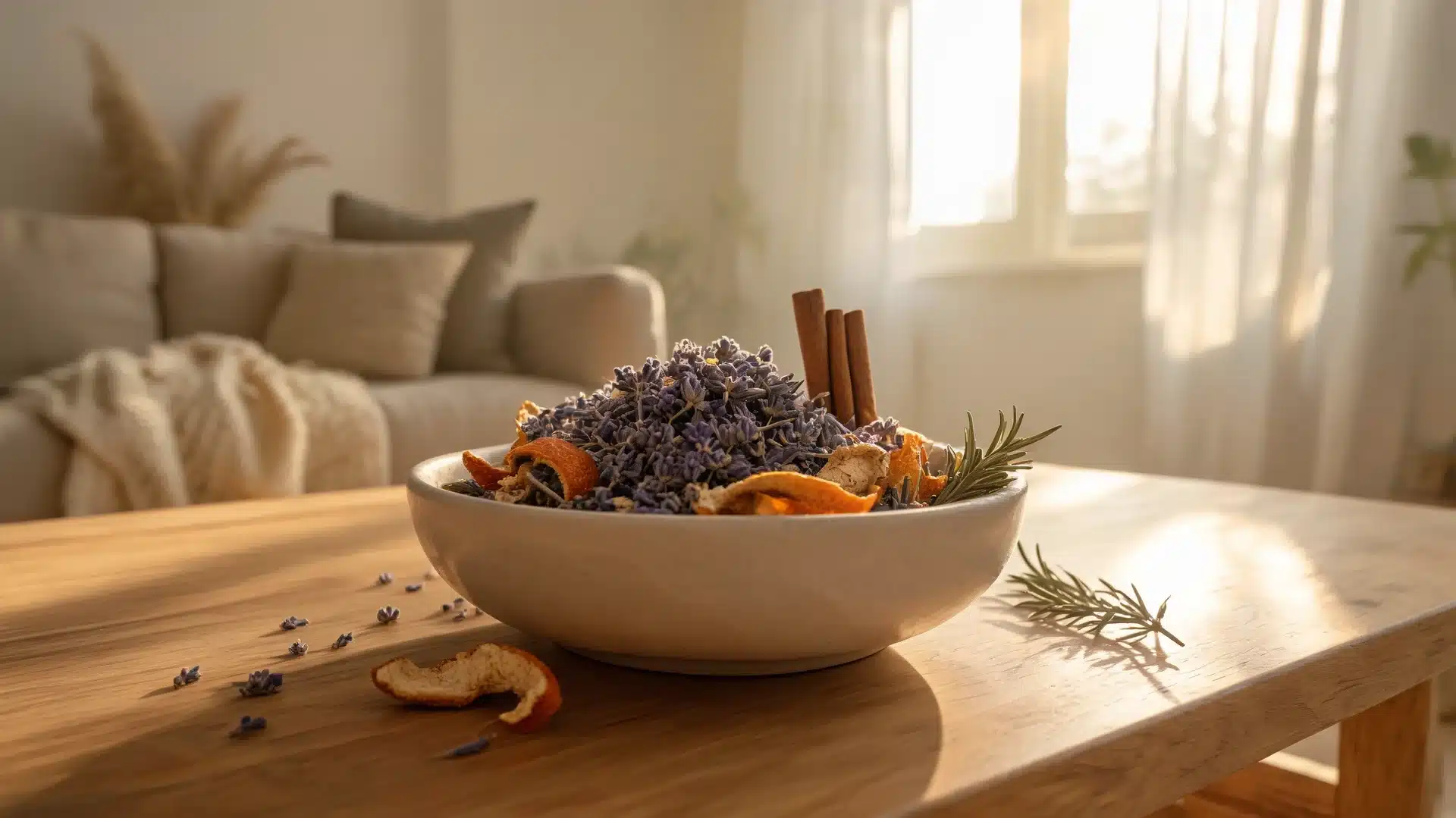 bowl of dried lavender potpourri resting on rustic wooden kitchen counter