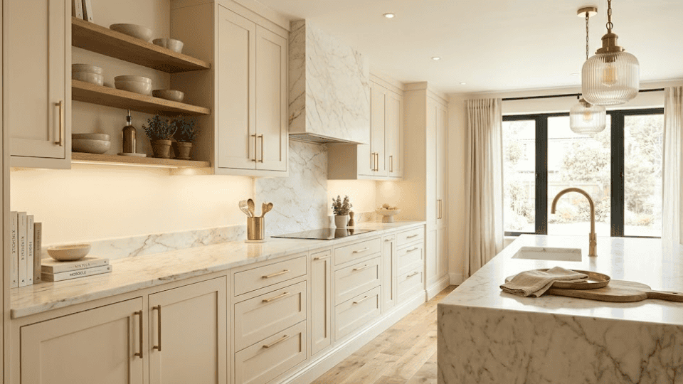 bright kitchen featuring creamy cabinets, marble counters, brushed gold hardware, and soft lighting