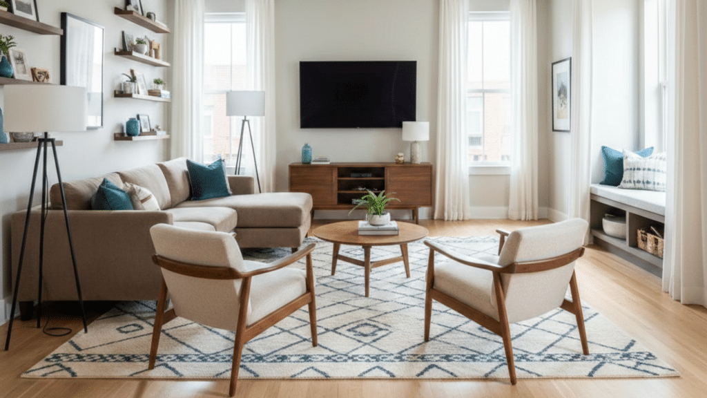 bright living room featuring a floating sectional, two armchairs on a large patterned rug, and a central TV