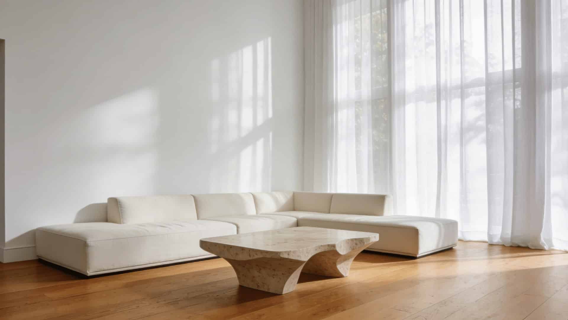 bright living room with white walls and honey oak hardwood floors in natural light with minimal modern furniture