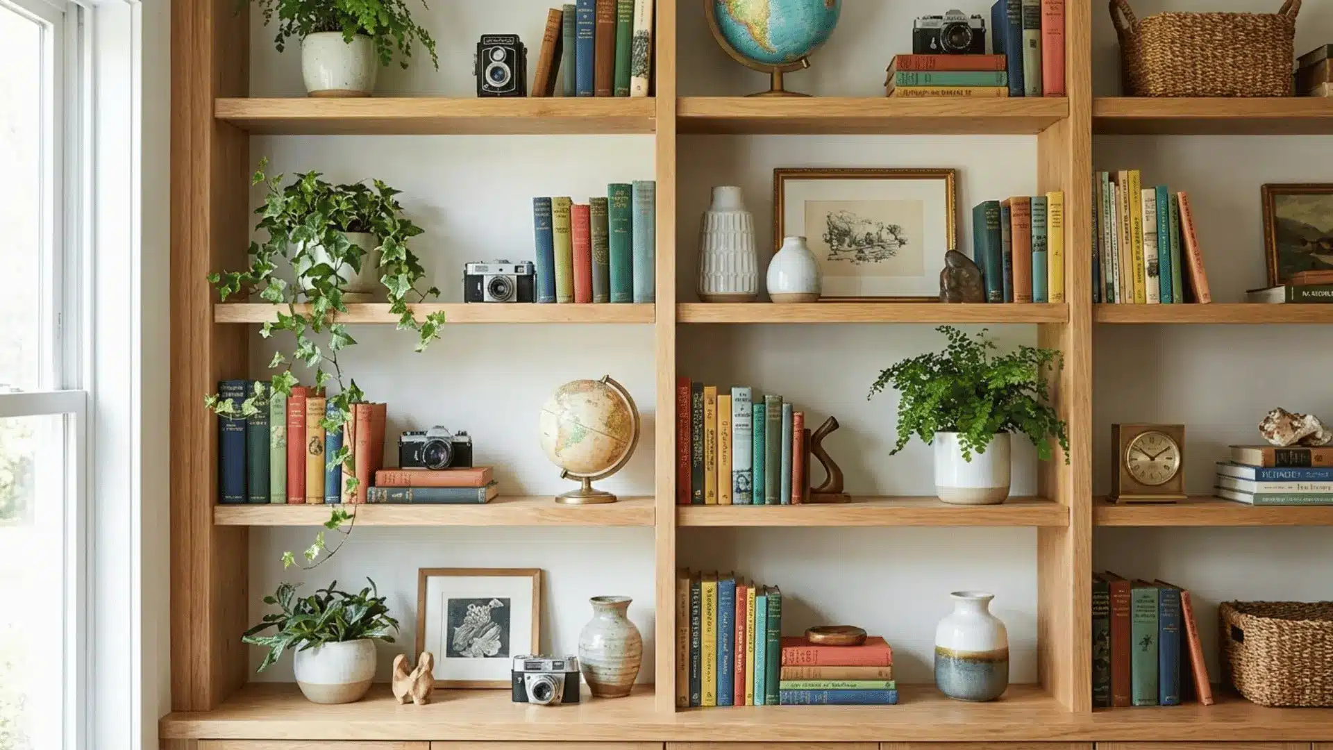 bright shelving styled with books, plants, and charming accessories