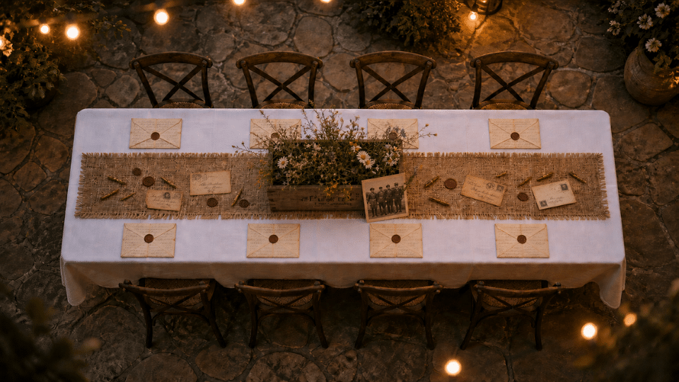 burlap runner with scattered envelopes wax seals and pen nibs with letters and crate top down