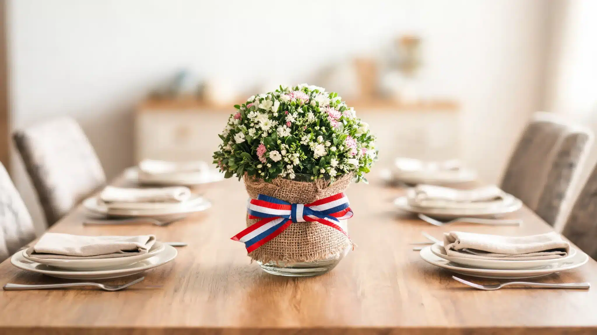 burlap vase floral centerpiece on dining table