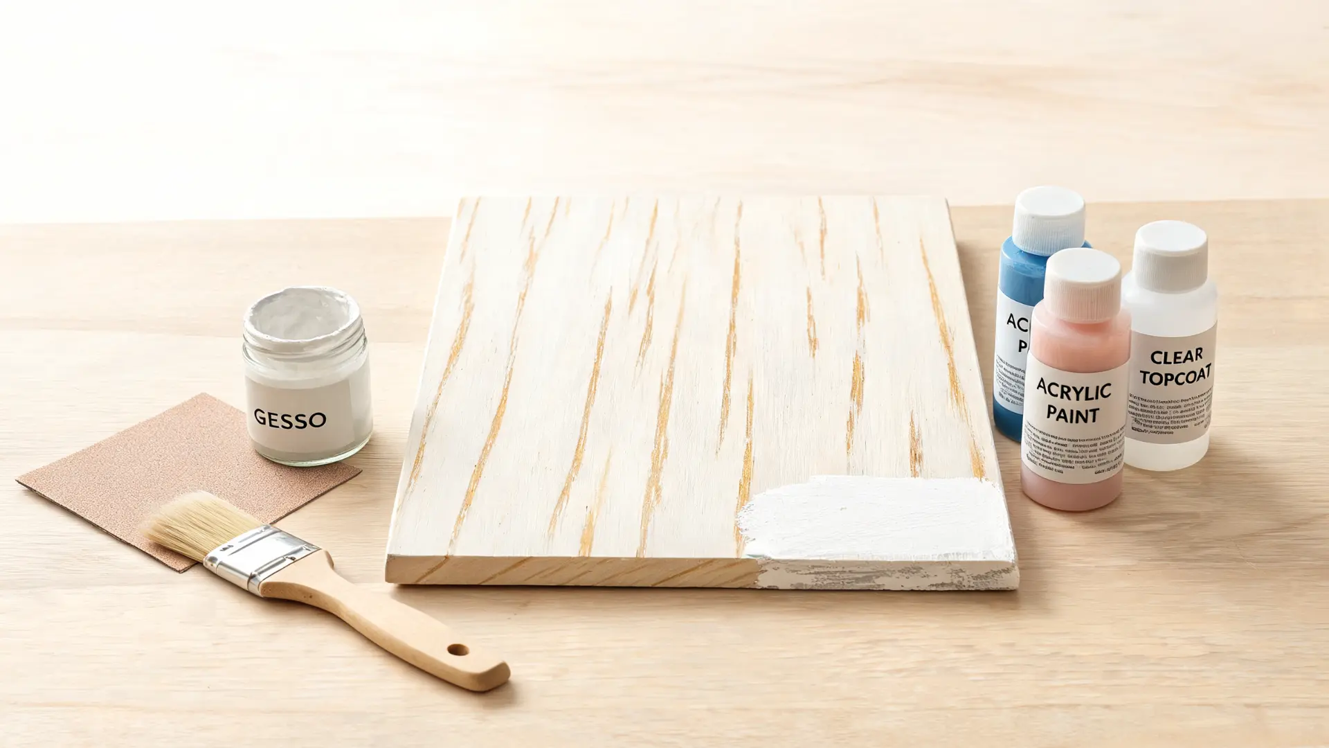 birchwood panel with gesso acrylic paint brush sandpaper and clear topcoat for acrylic painting prep