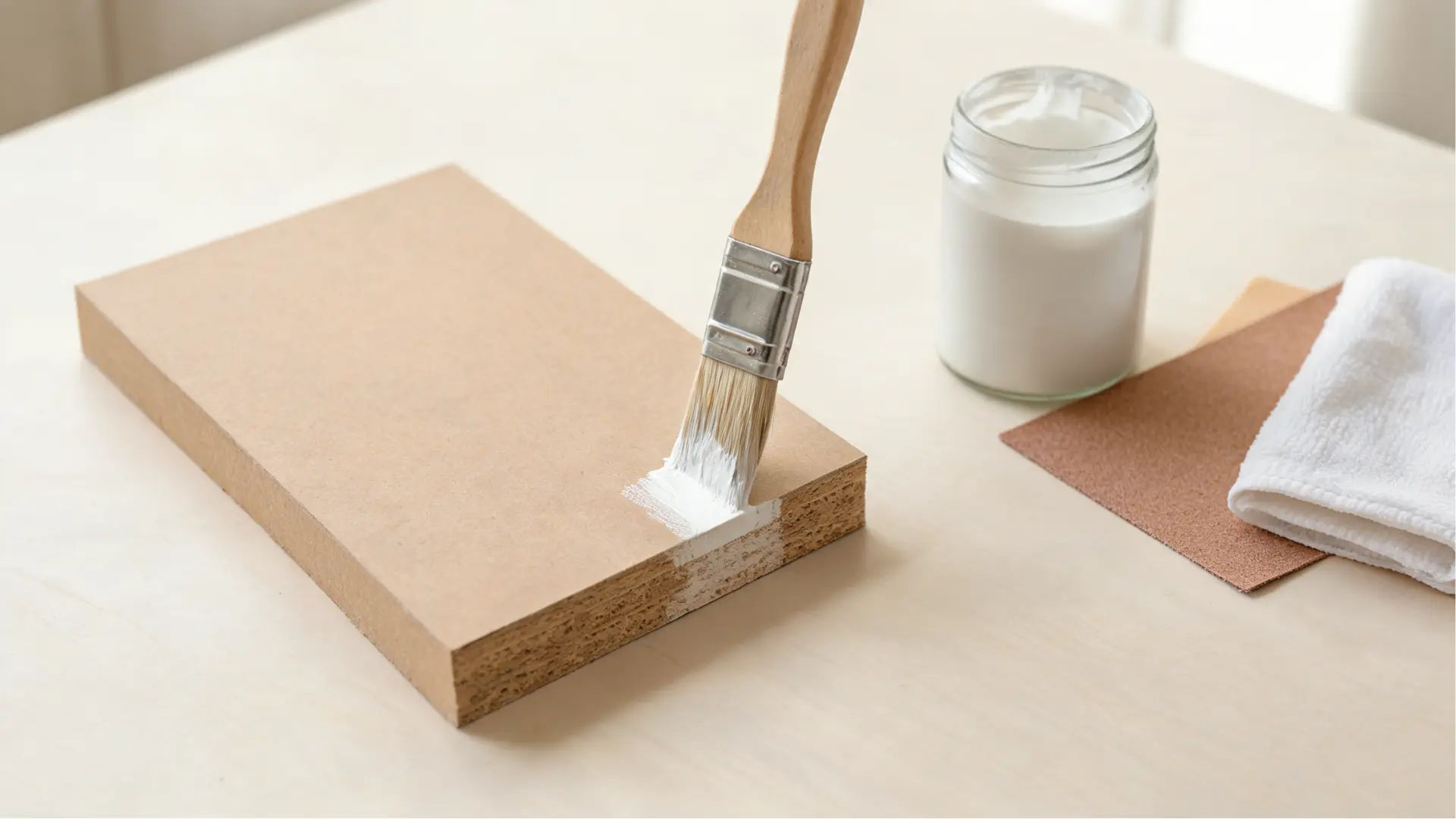 mdf board edge being sealed with white primer with sandpaper cloth and primer jar nearby for acrylic paint prep