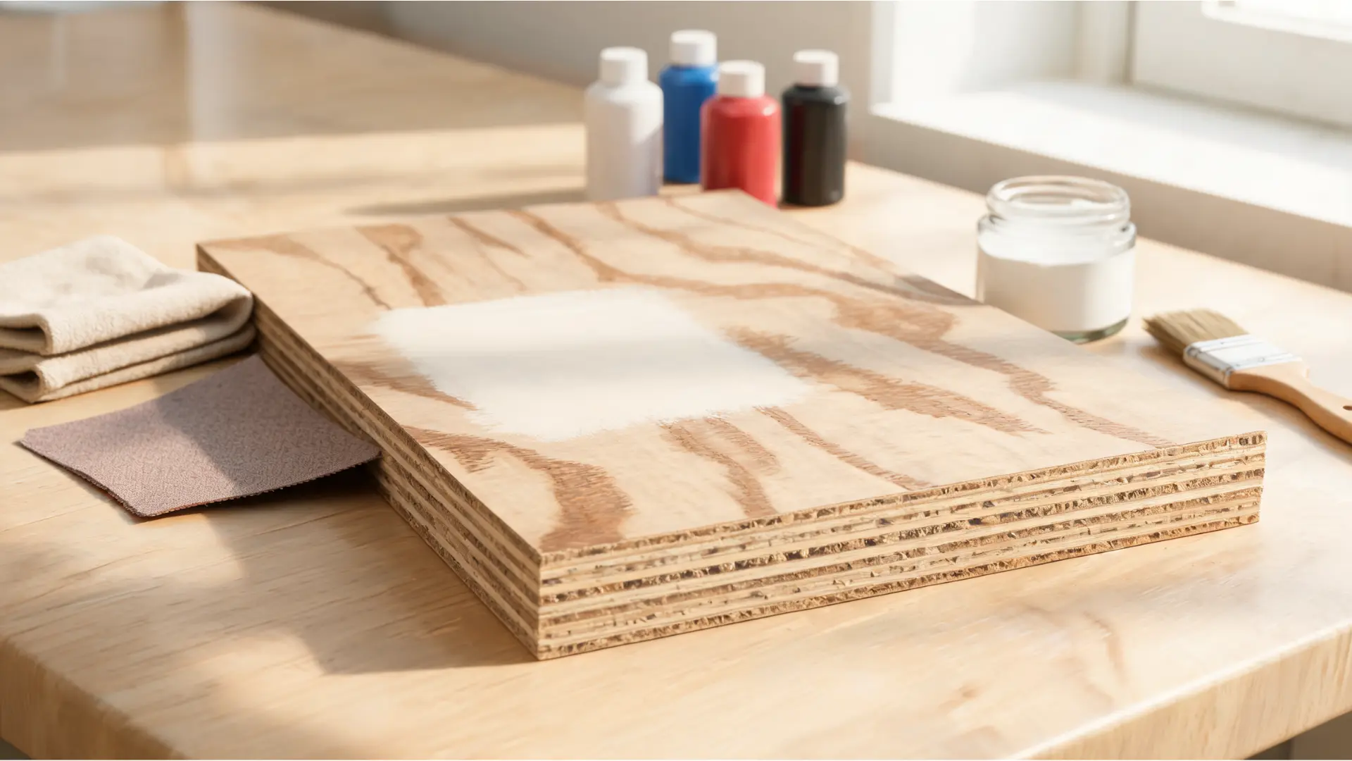 plywood board with visible layered edges primer patch sandpaper cloth brush and acrylic paints for painting prep