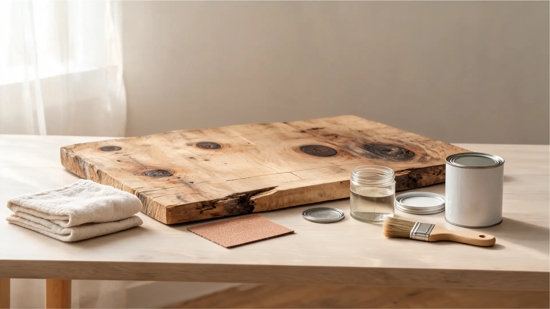 raw found wood board with knots rough grain stains sandpaper cloth brush and sealer for acrylic painting prep