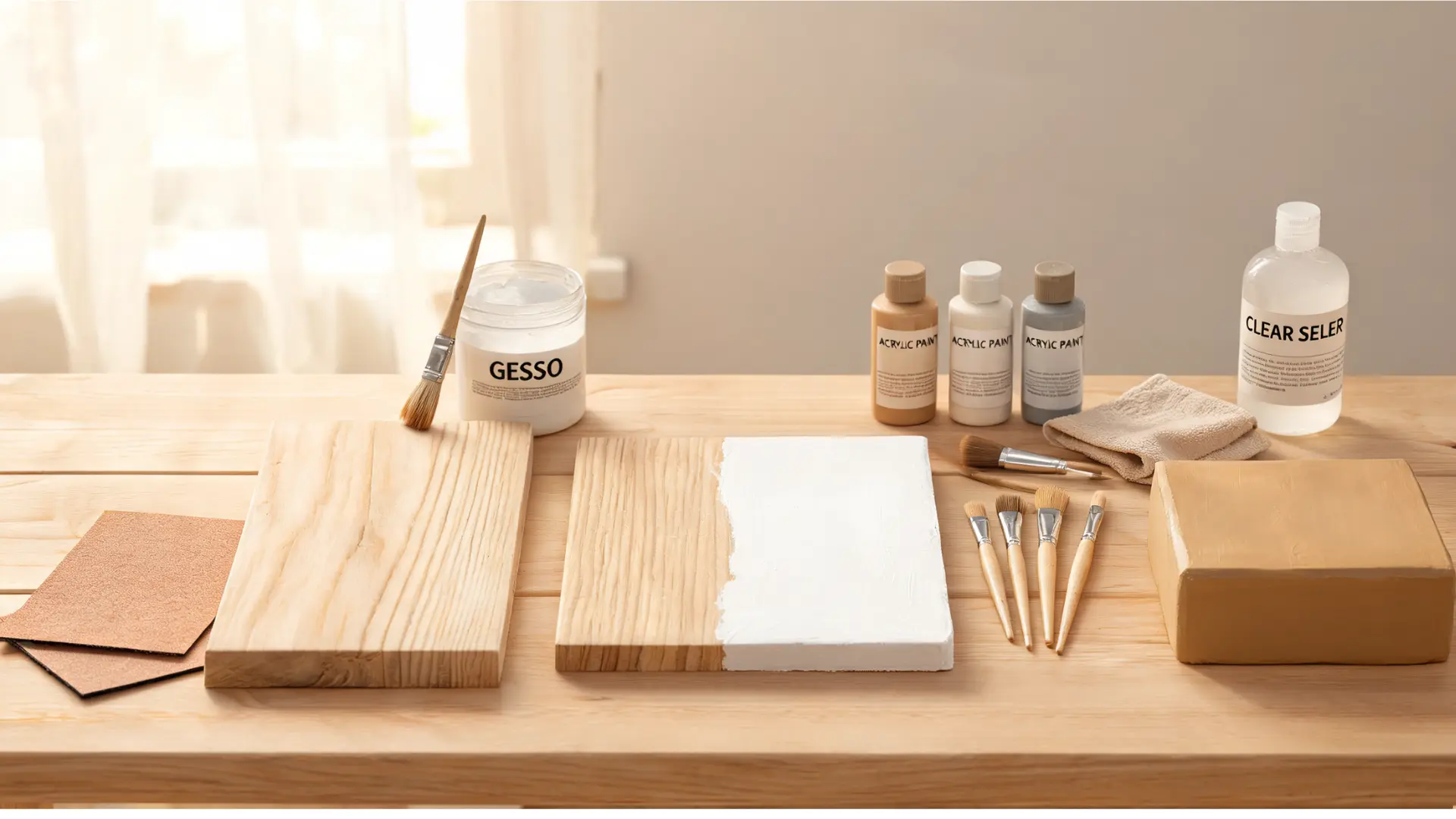 wood boards in raw primed and painted stages with gesso acrylic paint brushes sandpaper cloth and clear sealer