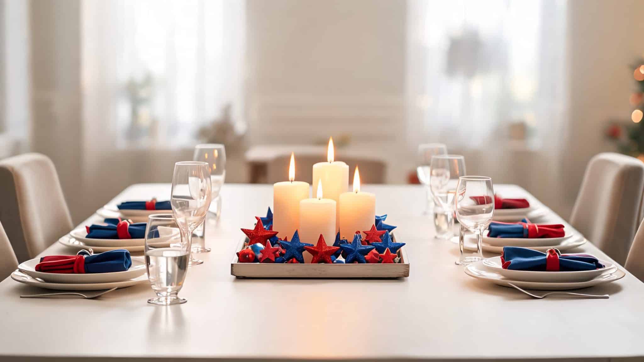 candle tray with stars centerpiece on dining table
