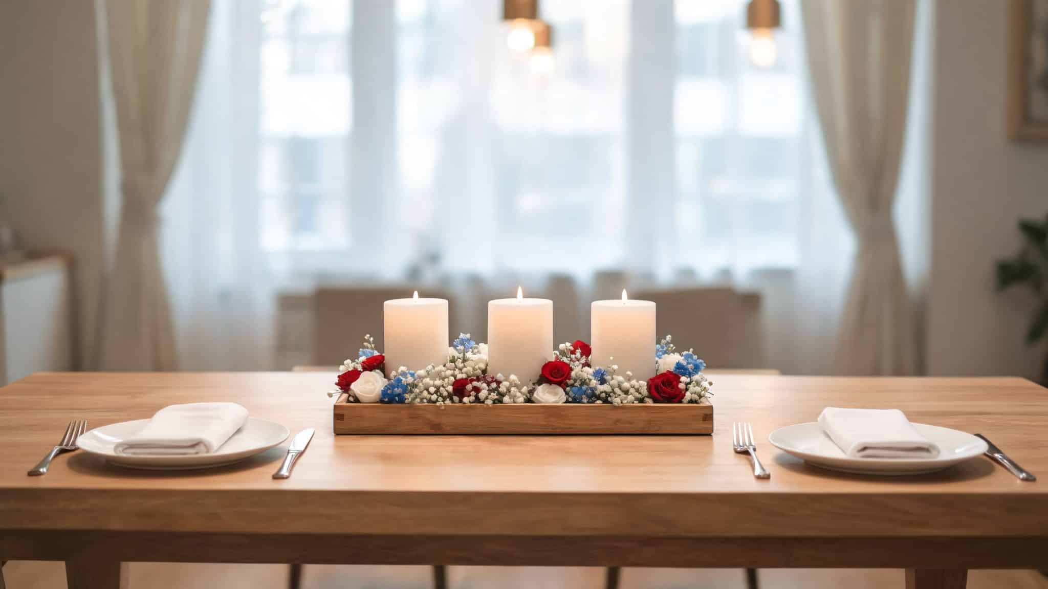 candles and flowers tray centerpiece on dining table