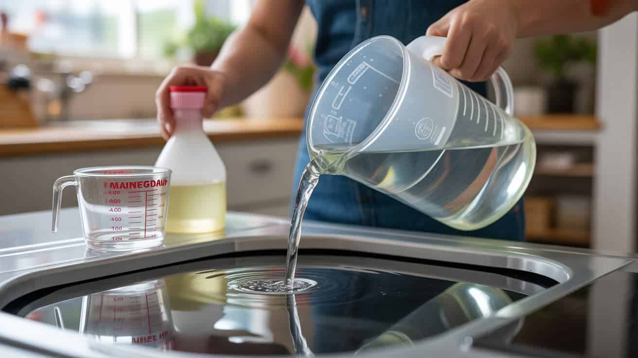 carpet cleaning machine being filled with homemade solution in a home setting