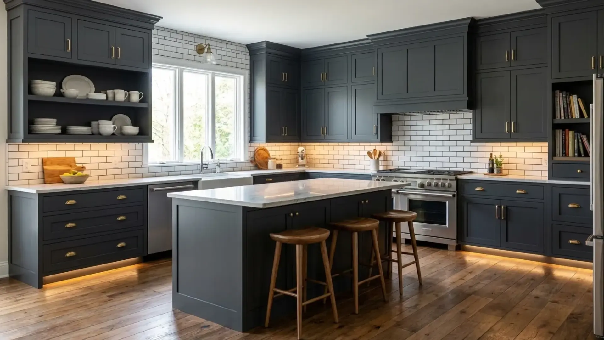 charcoal gray shaker cabinets with brass hardware and white subway tile featuring inkwell on kitchen cabinets