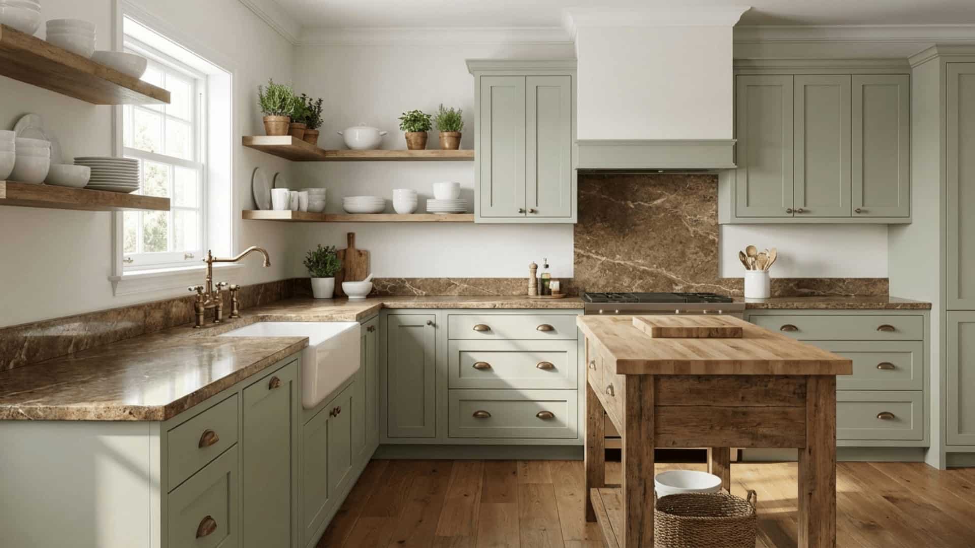 clary sage sw 6182 soft green cabinets with earthy brown granite countertops in a farmhouse kitchen