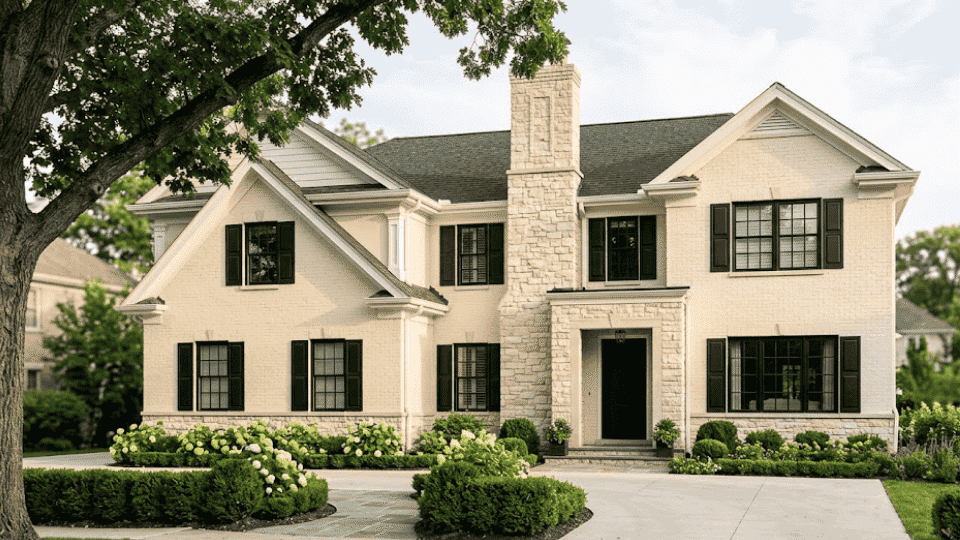 classic house exterior with creamy warm white brick, stone accents, black shutters, and green landscaping