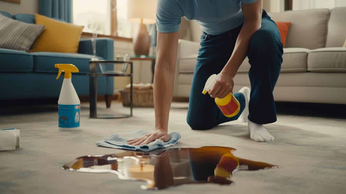 coffee and wine spill being cleaned from carpet using cloth and spray bottle
