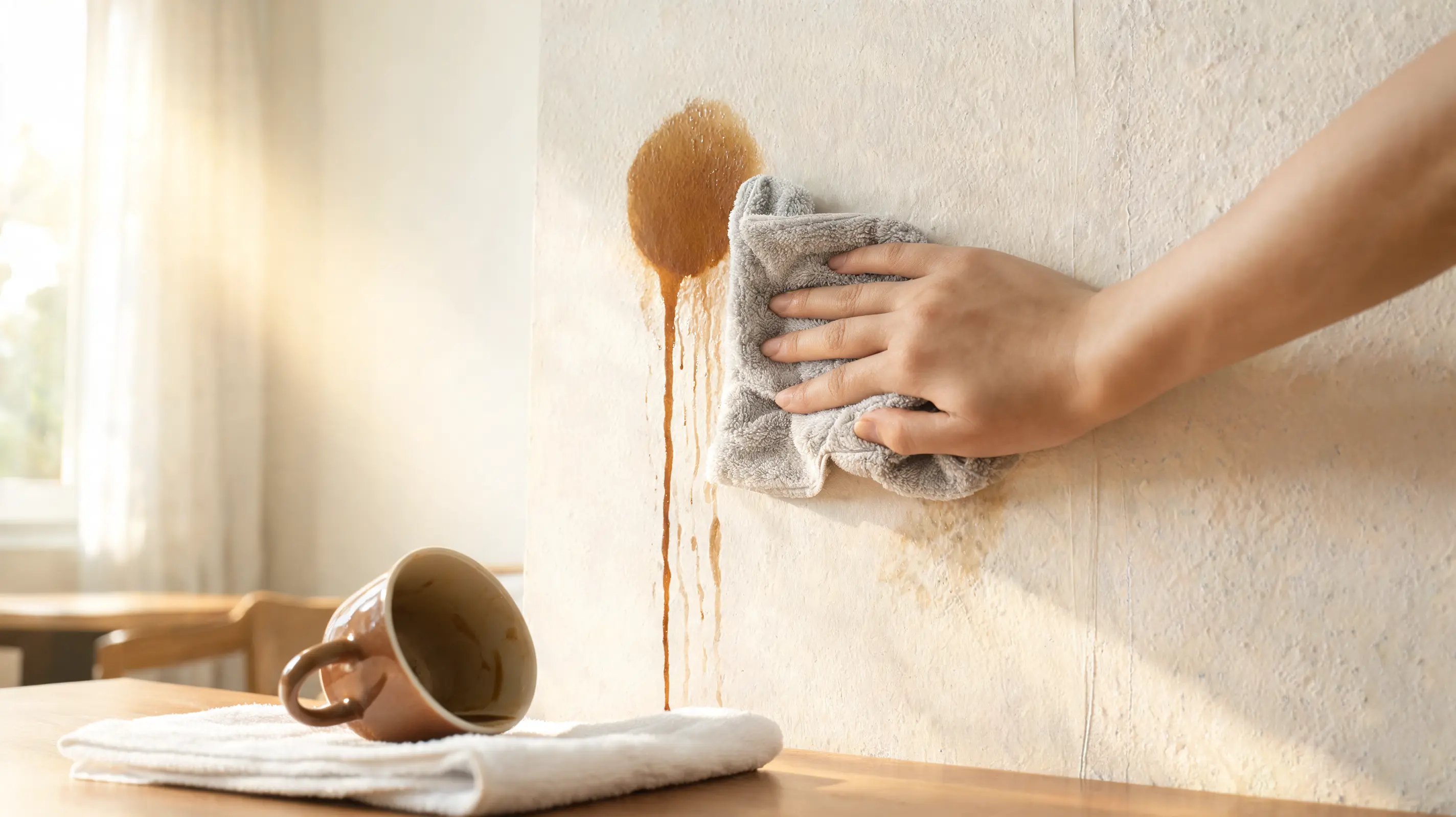 coffee spill on painted wall being gently blotted with microfiber cloth in dining area natural light scene