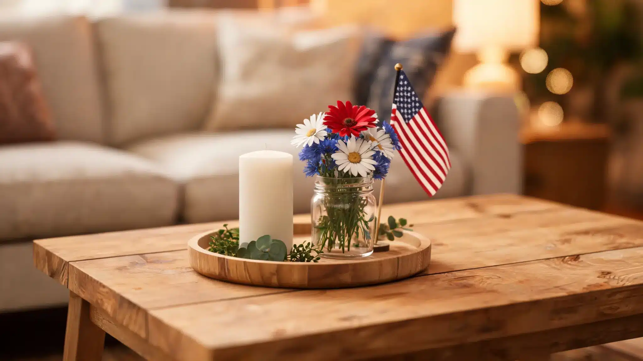 coffee table with patriotic centerpiece tray
