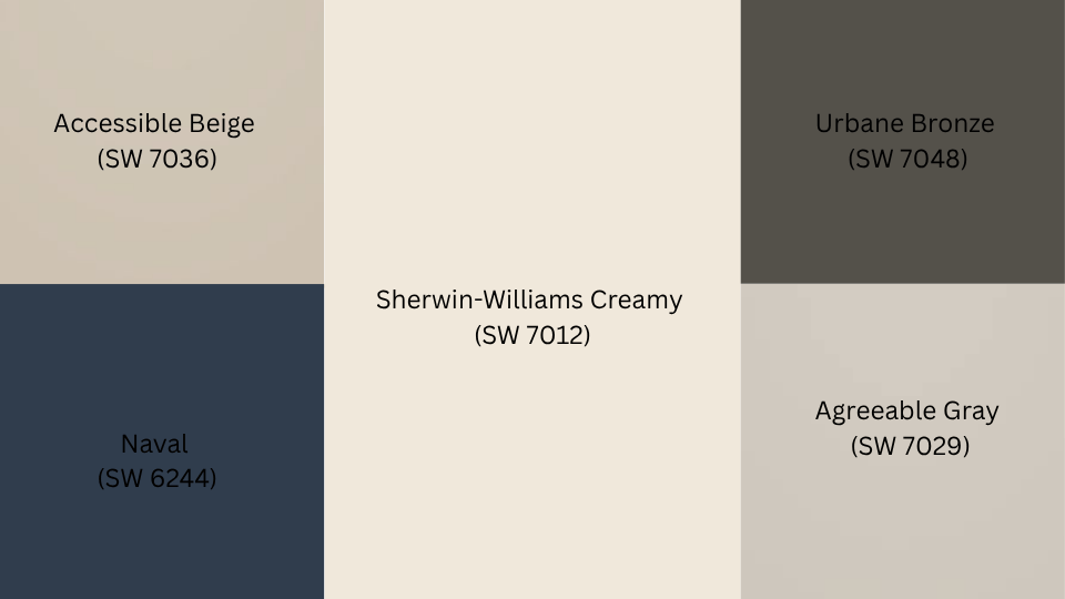 color palette showing sherwin williams creamy with accessible beige urbane bronze naval and agreeable gray swatches